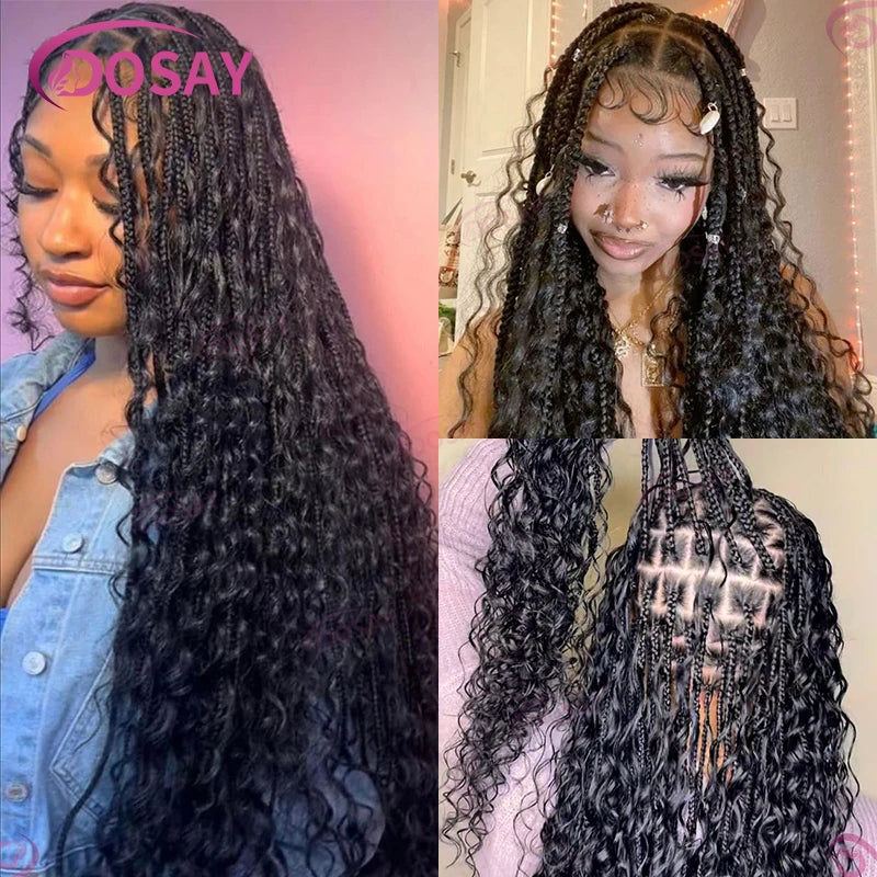 Boho Box Braided Wigs Synthetic Curly Wig Full Lace Front Wigs For Women 32" Goddess Braids Wig African Bohemian Braiding Hair Luxegan