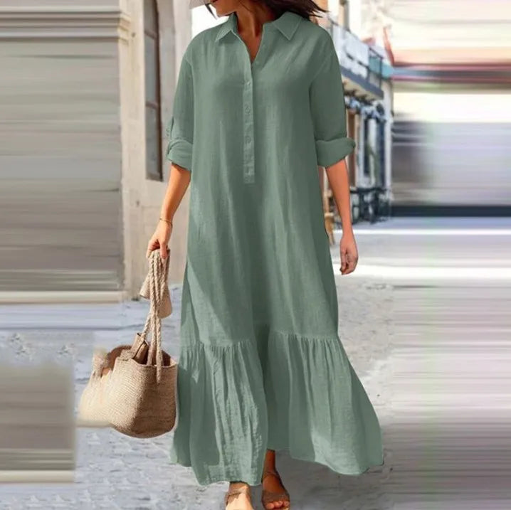 Women's Solid Cotton Hemp Casual Robe Dress | Shirt Collar Twisted Buckle Maxi Dress | Full-Sleeve Loose-Fit A-Line Spring Summer Streetwear Luxegan