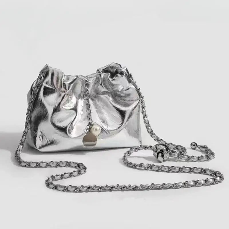 Summer Silver Folded Chain Bucket Bag | Women's Crossbody & Shoulder Bag Luxegan