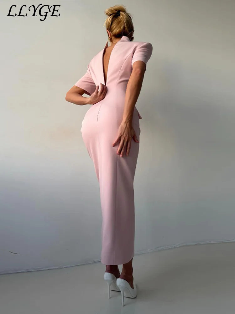 Elegant Solid Buttons Long Dress Women Waist Cinched Shoulder Pads High Collar Slit Dresses 2026 Spring Summer Lady Party Robes