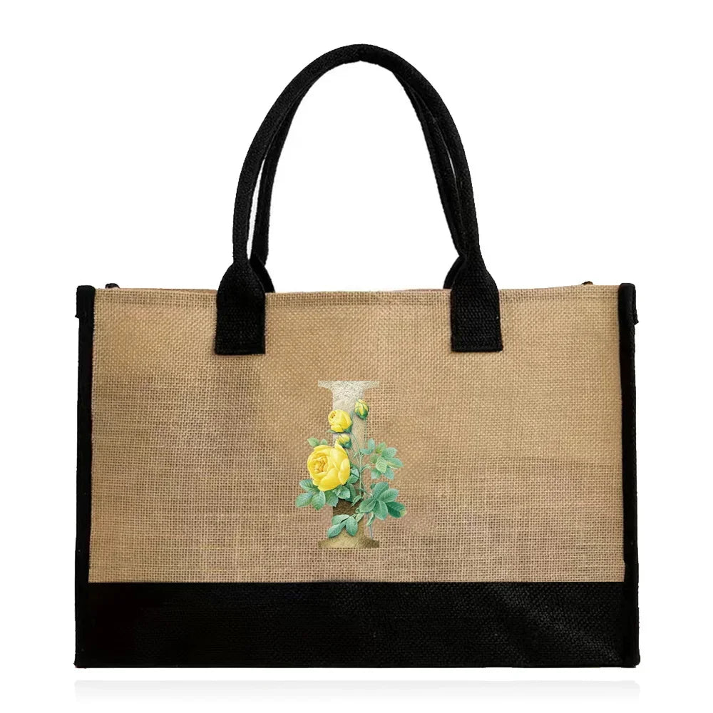 Handmade Jute & Canvas Beach Shopper | Large Capacity Portable Grocery Organizer | Eco-Friendly Woven Women’s Handbag with Golden Flower Pattern Luxegan