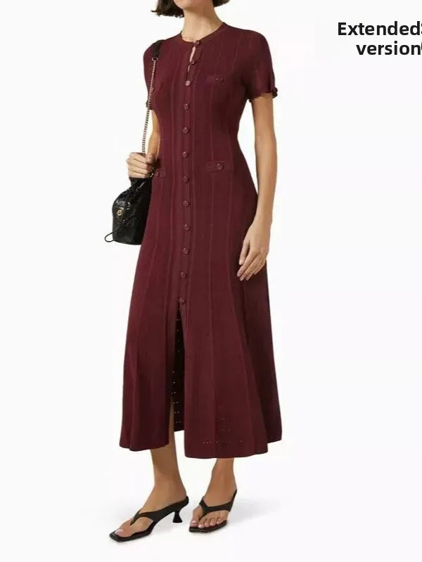 French Style Knitted Long Dress round Neck Hollow out Wooden Edge Skirt Elegant Autumn Luxury Women's Fashion One Piece Dress