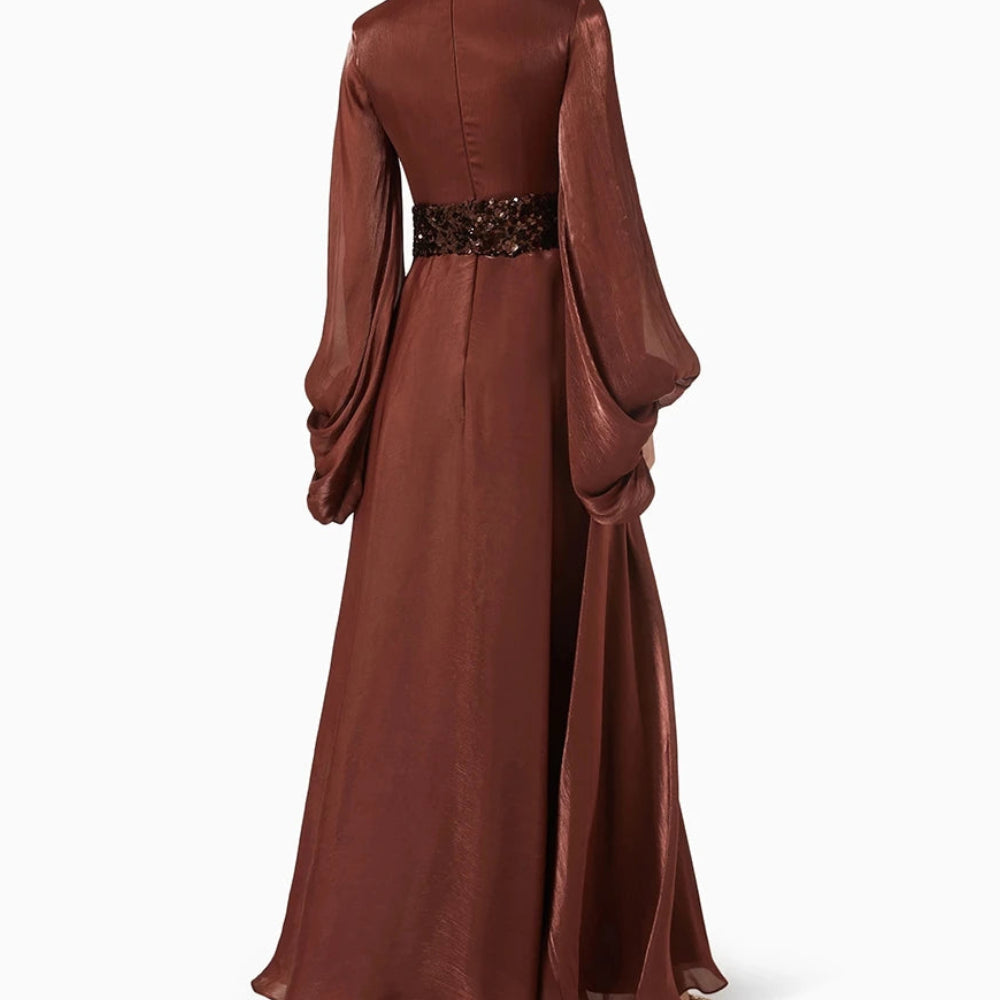Sequined Draped A-Line Prom Dress | High-Neck Full Sleeve Ankle-Length Evening Gown Luxegan