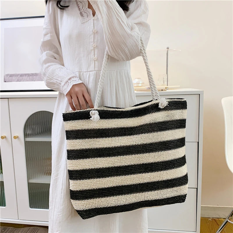 Color-Contrast Straw Shoulder Bag | Sophisticated Large Capacity Beach Handbag | Elegant Summer Daily Tote | "Dignified" Hard-Shell Woven Purse for Versatile Seasonal Styling Luxegan