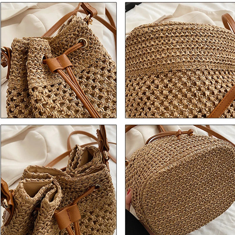 Simple Straw Bucket Bag for Women | Woven Handmade Shoulder Bag & Drawstring Crossbody Bag (Rattan Beach Bag for Girls & Travel Purse) Luxegan