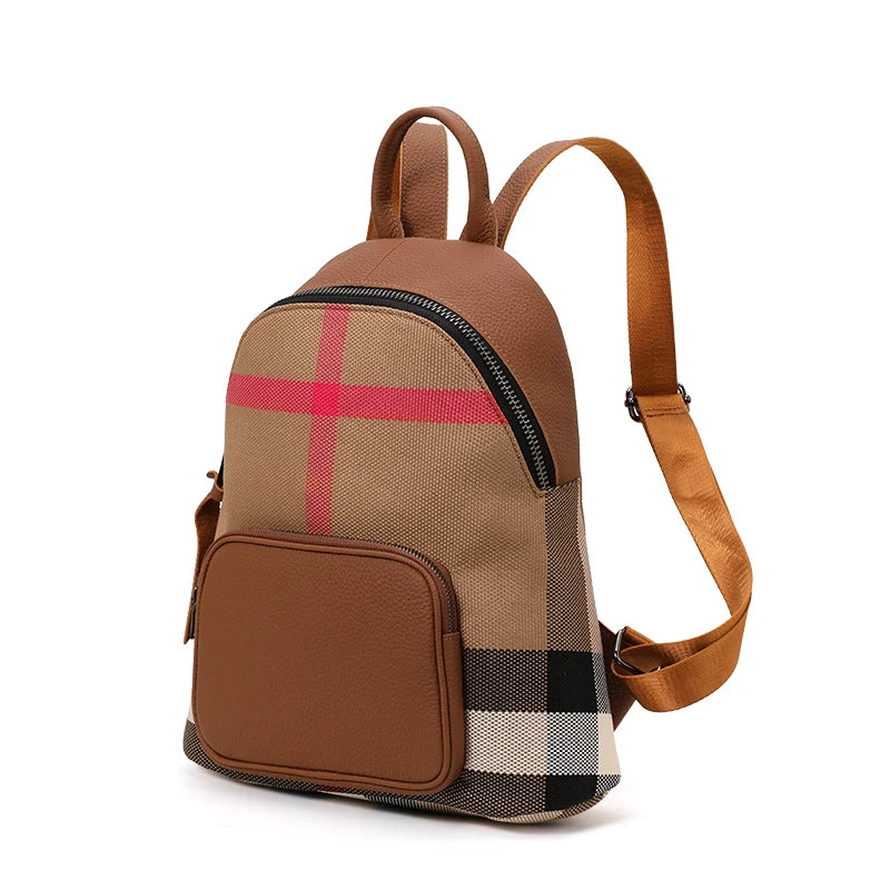 Canvas Preppy Style Backpack for Women | Trendy Plaid Designer Bag | High-End Cowhide & Canvas Fashionable Rucksack (Model Q1511) Luxegan