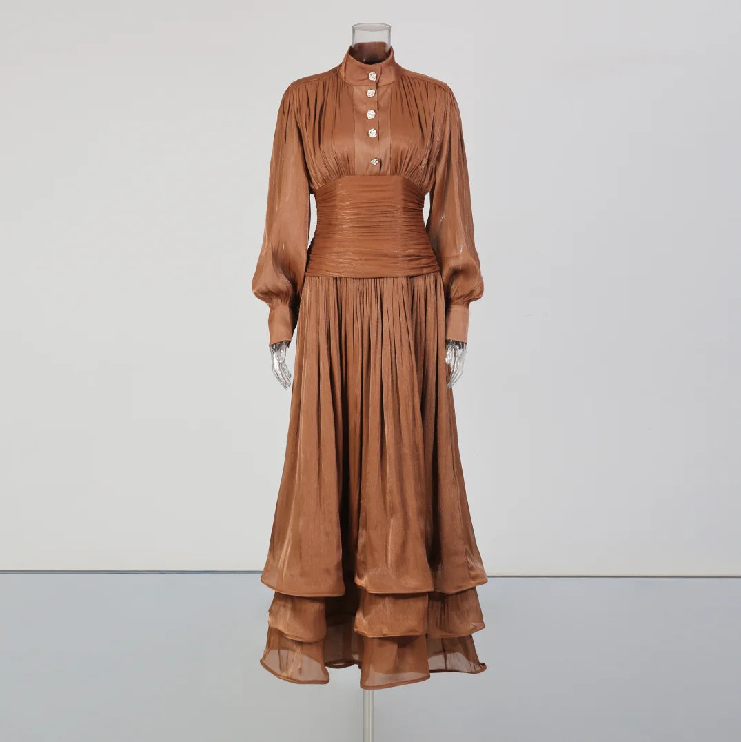 Solid Spliced Metal Button Maxi Dress | High-Neck Patchwork Folds Evening Gown | Spring/Autumn Slight Stretch Slim Fit A-Line Dress Luxegan
