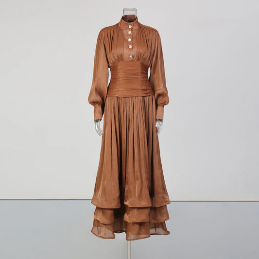Solid Spliced Metal Button Maxi Dress | High-Neck Patchwork Folds Evening Gown | Spring/Autumn Slight Stretch Slim Fit A-Line Dress Luxegan