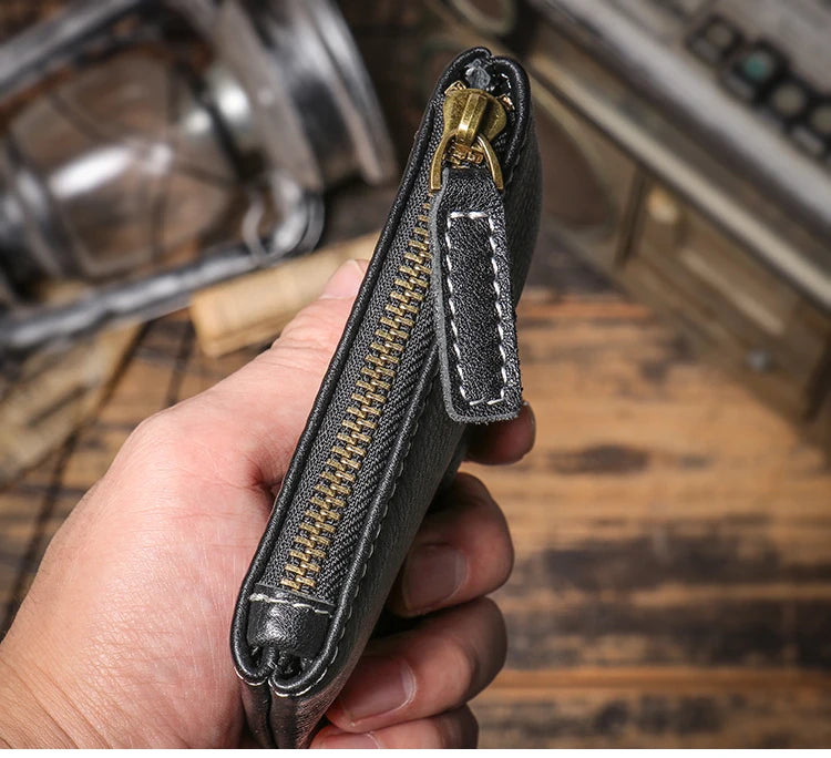 GURO Mini Monedero de Cuero Genuino de Lujo para Hombre, Cartera Corta con Cremallera, Pequeño Estuche de Cuero Vacuno para Mujer, Tarjetero, Bolsas Cuadradas Diarias para Llaves