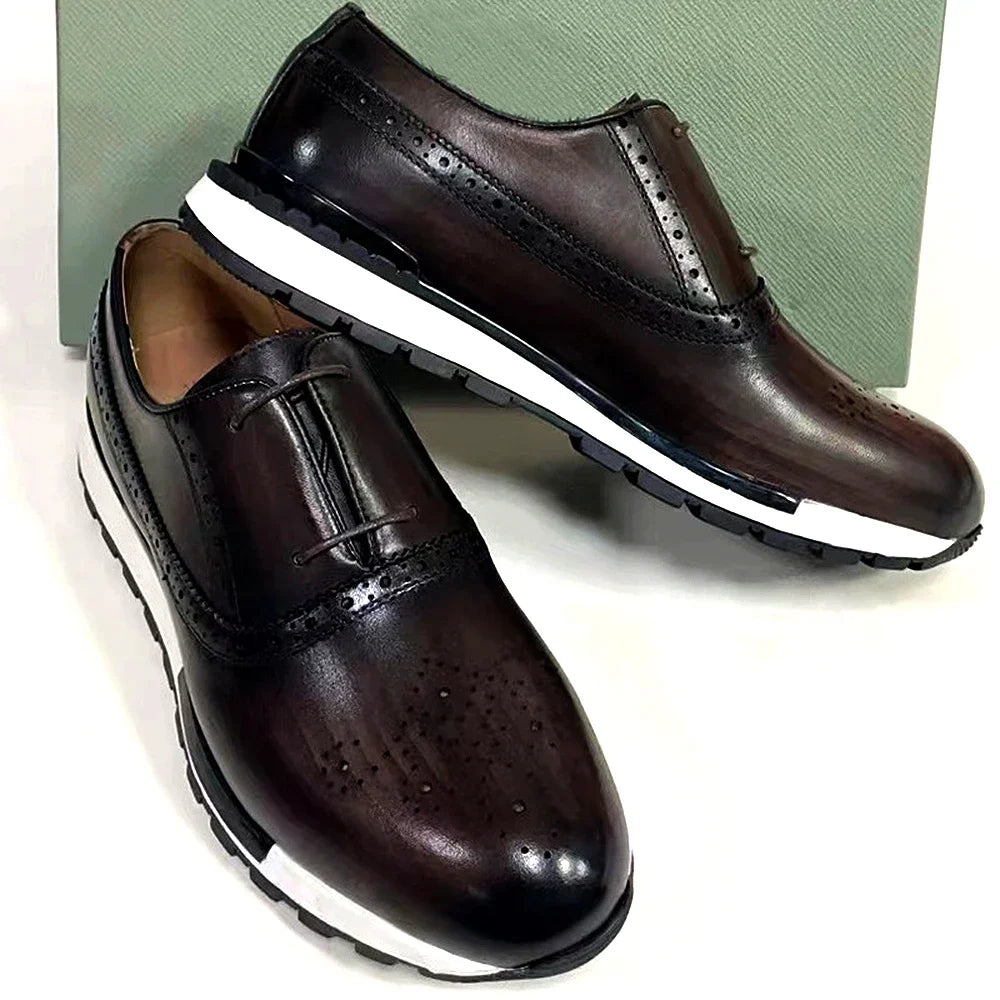 Luxury Brand Men's Calfskin Oxford Sneakers | Sophisticated Two-Eyelet Formal Leather Laces | Elegant "Classic European" Silhouette | "Dignified" Anti-Slip Rubber Sole for Radiant Versatile Styling Luxegan