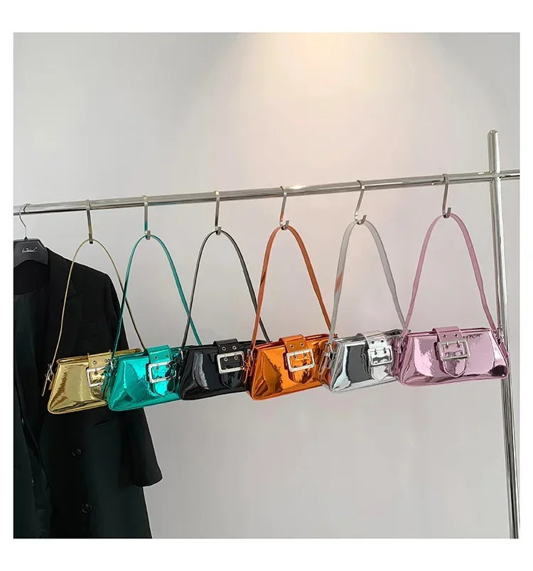 New Luxury Design Women's Glossy PU Leather Armpit Bag | Fashion Party Handbag (Patent Leather Silver Shoulder & Crossbody Bag) Luxegan