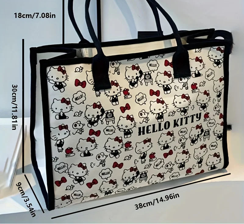 Hello Kitty Canvas Handbag | Large Capacity Zipper Shoulder Bag & Weaving Tote Luxegan