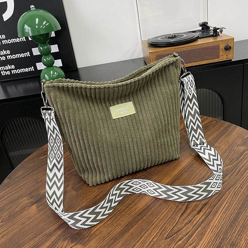 Solid Color Corduroy Messenger Bag | Casual Chic Women’s Bucket Bag | Versatile Crossbody & - view 13