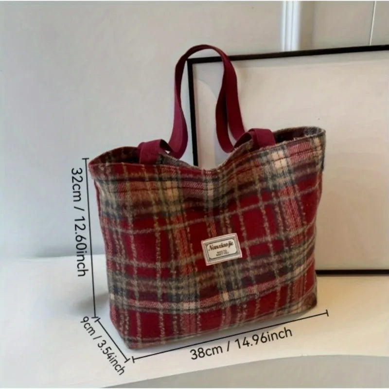 Retro High-End Plaid Large Capacity Shoulder Tote Bag for Women | Durable Woolen-Look Polyester for Autumn/Winter Luxegan