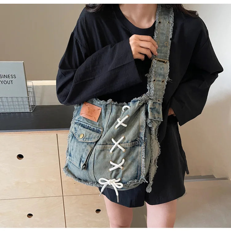 Washed Denim Shoulder Bag for Women Handbags | Large Capacity Female Messenger Bags | Soft Jeans Casual Big Totes Shopping Bag Luxegan