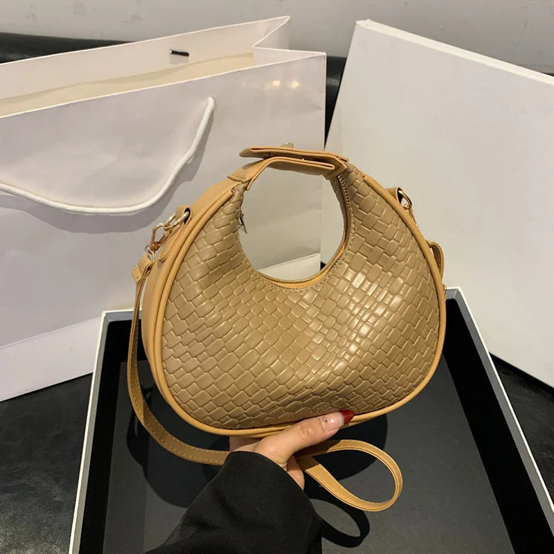 Fashion Solid Color Lattice Shoulder Bag | Sophisticated PU Leather Crossbody Bag | Elegant Ladies’ Small Trend Handbag | Luxury Designer Minimalist Flap Bag for Versatile Wear Luxegan