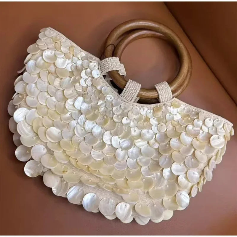 Designer Women's Pearlescent Inlay Half Moon Crossbody Bag | Exquisite Shell Beaded Handbag with Sequin & Wooden Handle Tote Luxegan