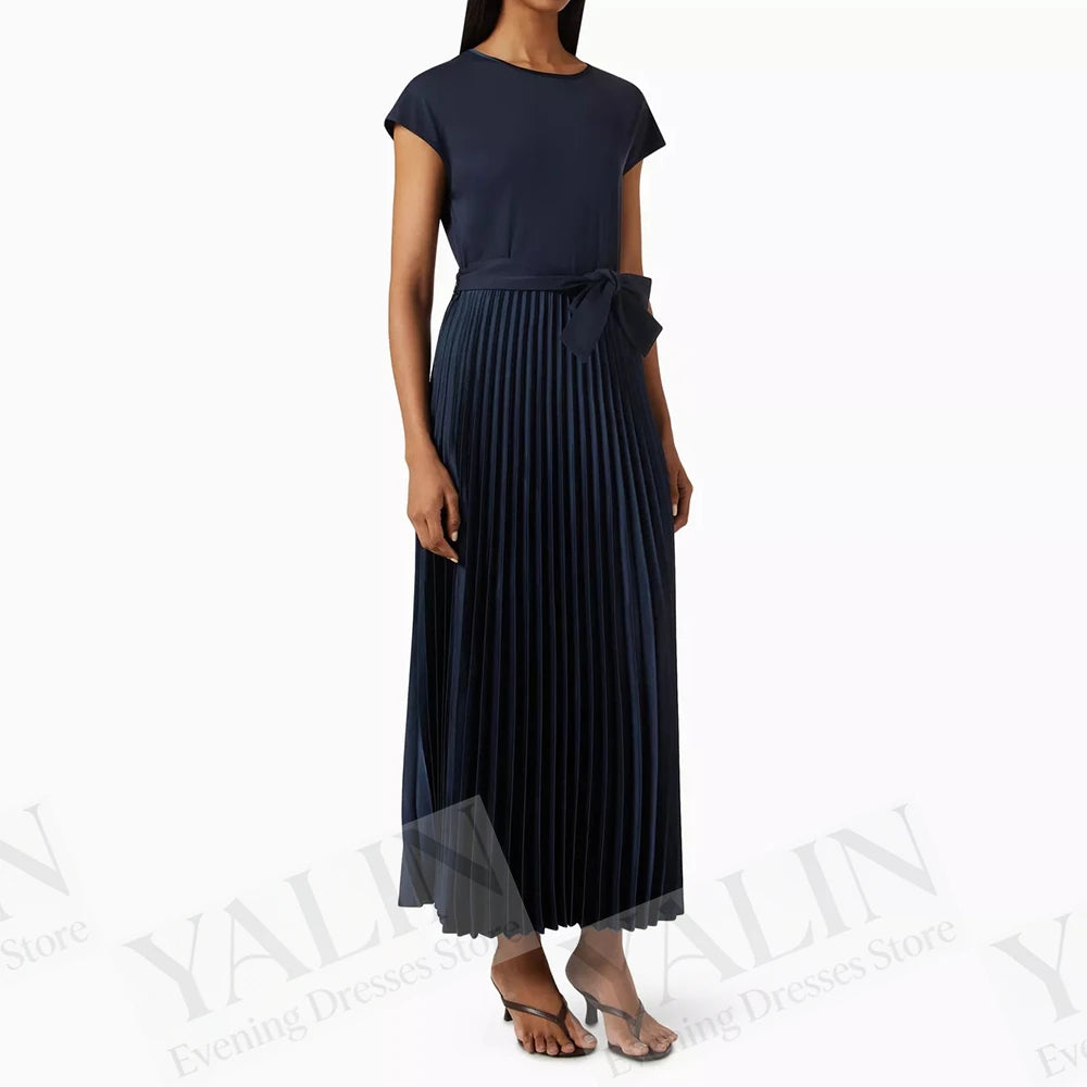 Bow Sash Draped A-Line Prom Dress | O-Neck Short Sleeve Tea-Length Evening Gown Luxegan
