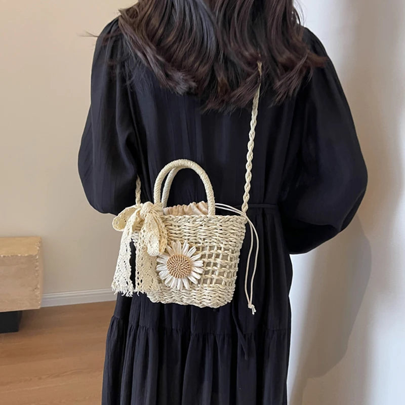 New Weave Lace Bow Handbag | Dacron Square Shape Straw Weave Bag & Small Bucket Tote Luxegan