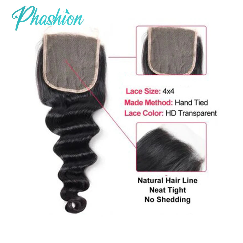 Phashion Loose Deep Wave 4×4 13x4 Lace Frontal HD Transparent Swiss Closure Pre Plucked Brazilian Remy Human Hair For  Women