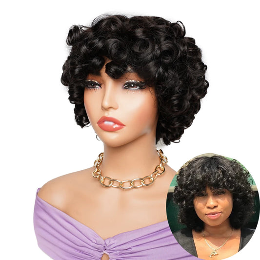10-Inch Loose Wave Short Bob Human Hair Wig - 250% Density Full Machine-Made Glueless Wig - 100% Indian Remy Human Hair natural Color, Brown & Burgundy (#99J) Wig for Women Luxegan
