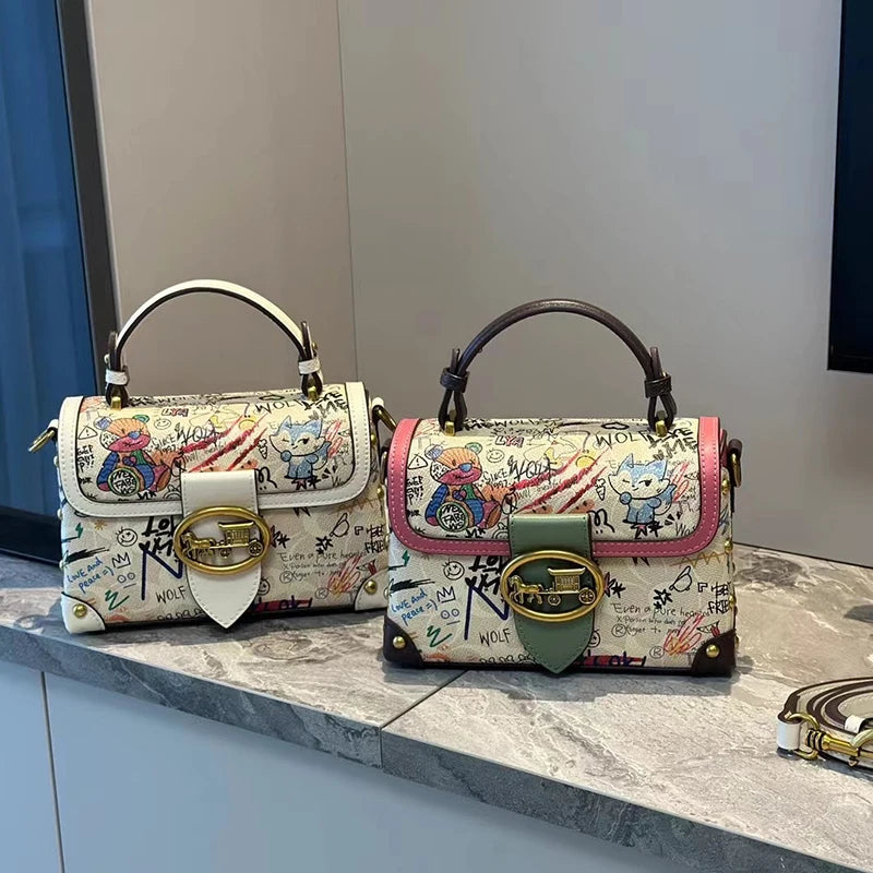Brand Premium Graffiti Box Small Square Bag | Designer Autumn & Winter Satchel Handbag | Fashionable PVC Single Shoulder Crossbody Bag | Trendy Women’s Streetwear Purse (Model 8099) Luxegan