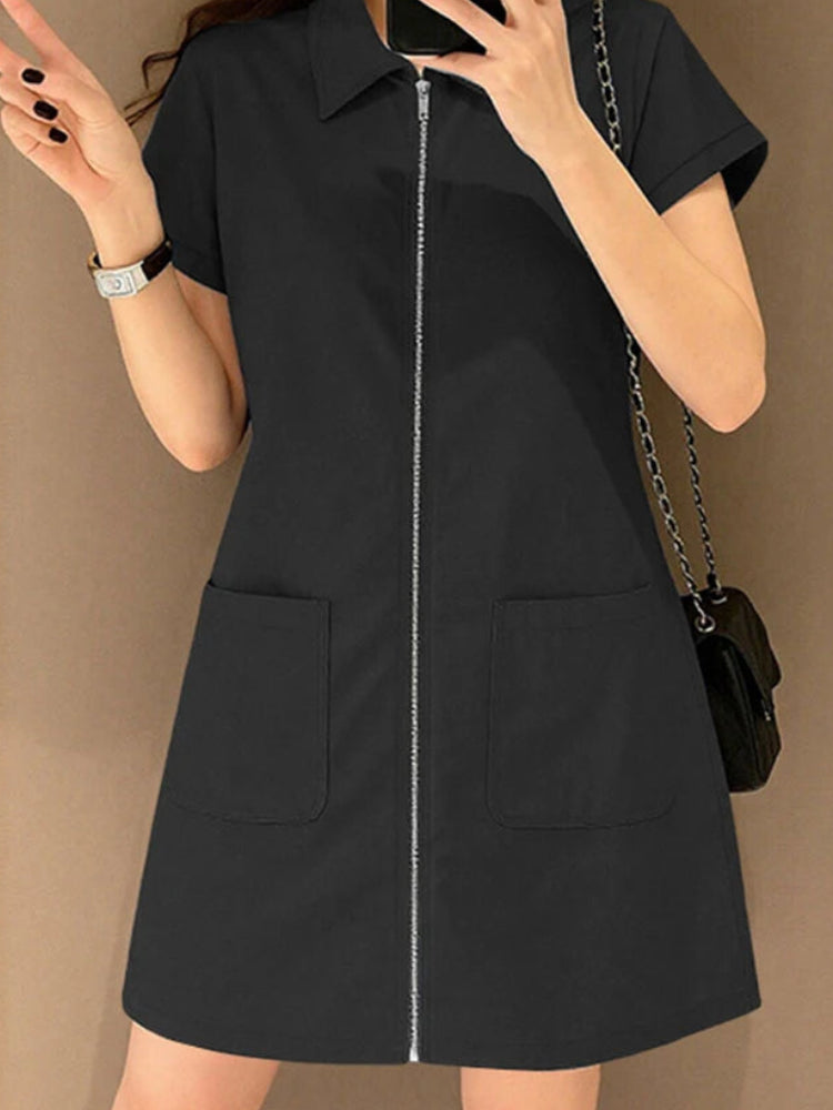 Lapel Collar Shirt Mini Dress | Short Sleeve A-Line Shirtdress with Pockets Luxegan