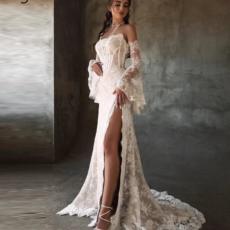 Simple Lace Mermaid Wedding Dress | Strapless Trumpet Bridal Gown with Detachable Three-Quarter Sleeves | Split Floor-Length Low-Back Bridal Robe Luxegan