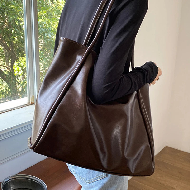 Large Capacity PU Leather Commuter Tote | Soft Shoulder Book Pack Luxegan