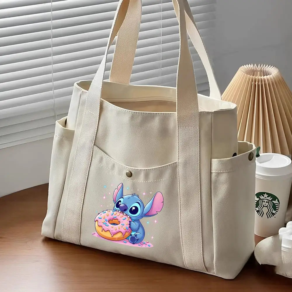 Lilo & Stitch Large Canvas Tote Bag | College Style Commuter & Student Shoulder Bag | Cartoon Shopping Handbag (Unisex) Luxegan