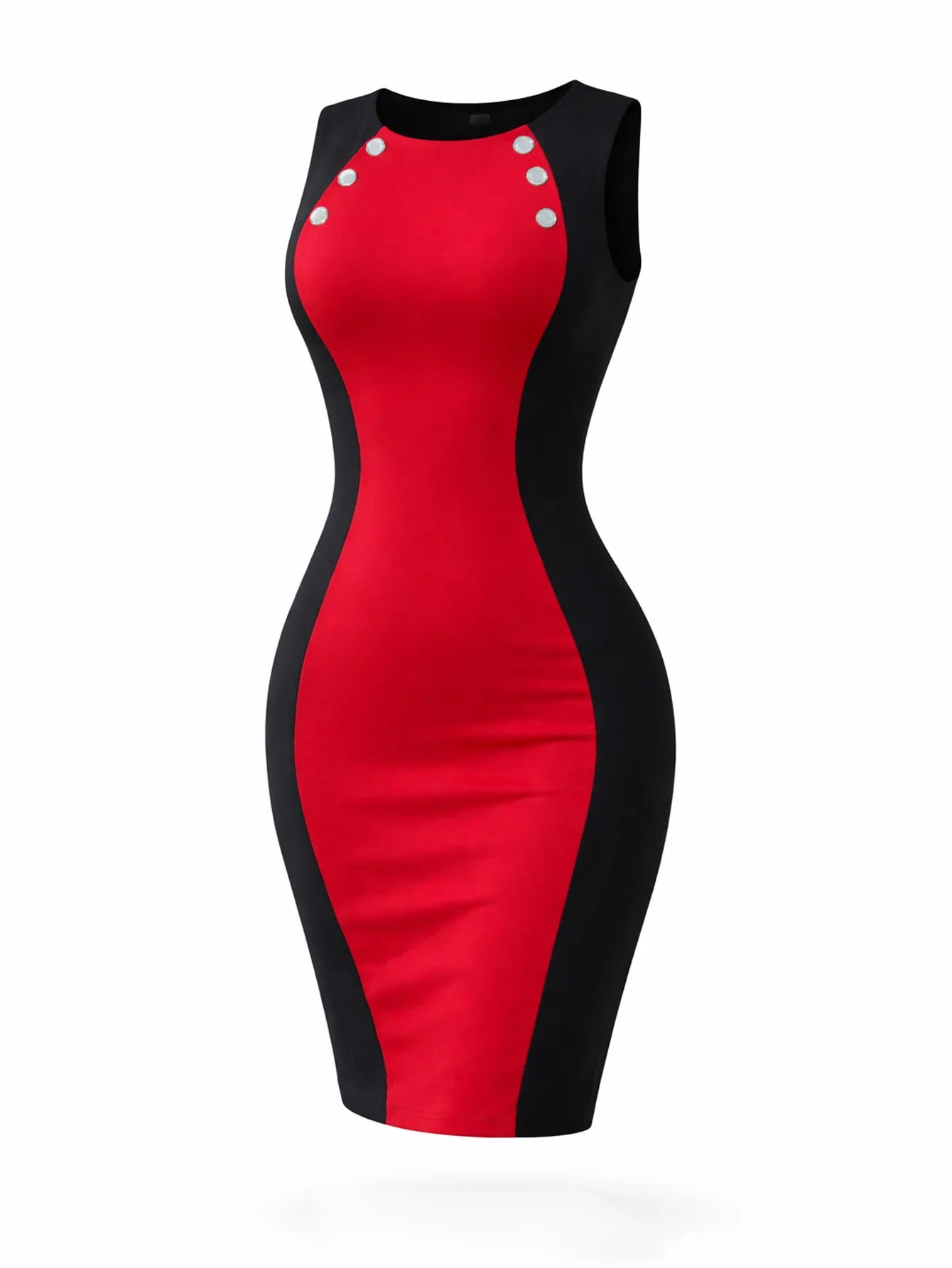Women's Elegant Color Block Office Work Dress | Summer Sleeveless Round Neck Knee-Length Bodycon Gown | Slim Fit Patchwork Pencil Sheath Dress | Professional O-Neck Knit Dress for Seniors Luxegan