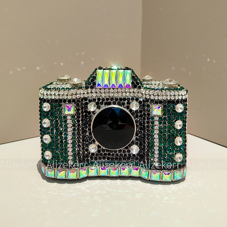Camera-Shaped Boutique Evening Clutch | Sophisticated Novelty Metallic Rhinestone Purse | Elegant Diamond-Encrusted Bridal Handbag | "Dignified" Hard-Shell Dress Bag for Versatile Party Styling Luxegan