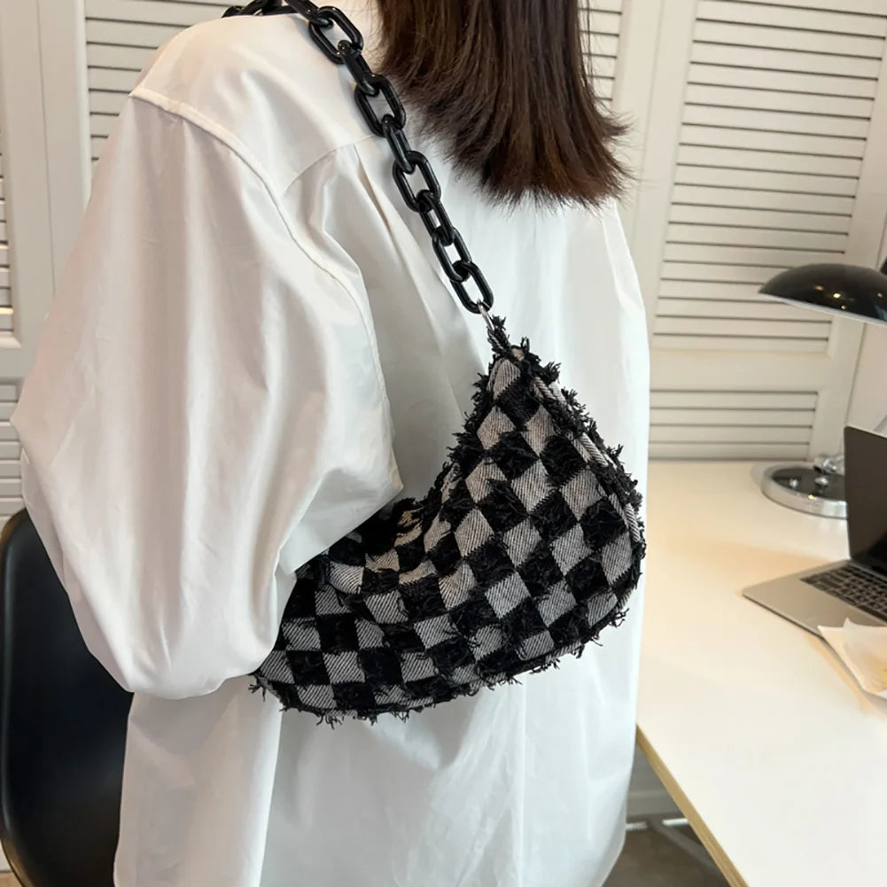Vintage Women's Casual Shoulder & Underarm Bag | Plaid Pattern Denim Small Purse (Ladies Chain Leisure Handbag, Hobo Style) Luxegan