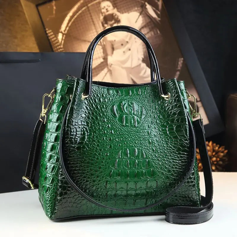 Genuine Leather Crocodile Print Bucket Bag | Vintage Tote & Messenger Luxegan