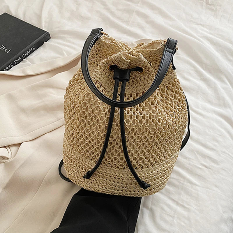 Simple Straw Bucket Bag for Women | Woven Handmade Shoulder Bag & Drawstring Crossbody Bag (Rattan Beach Bag for Girls & Travel Purse) Luxegan
