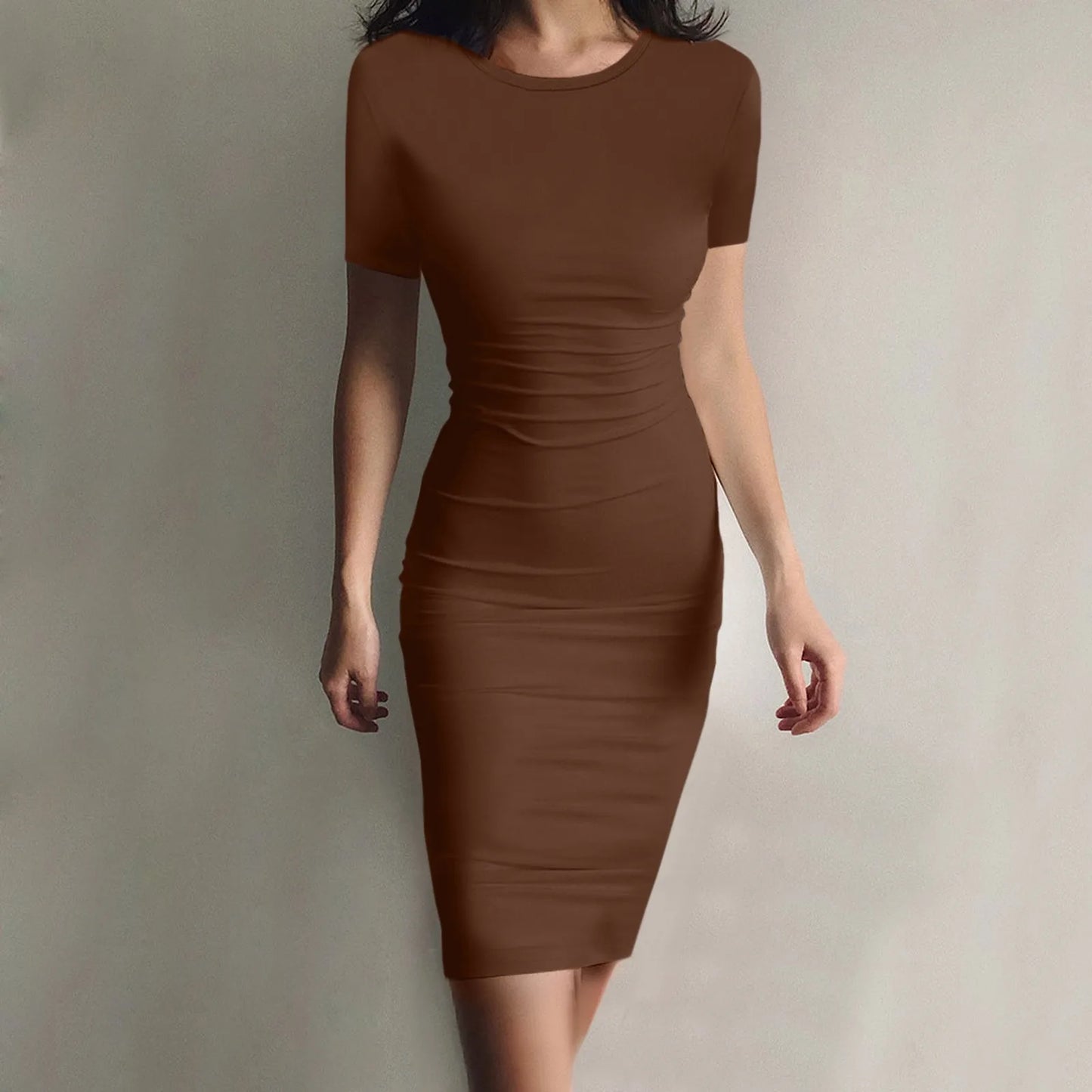 Women's Summer Tank Robe Casual Mini Dress | Sexy High-Stretch Short Sleeve Pencil Dress | Elegant Thin Solid Color A-Line Vestido | Spring O-Neck Applique Dress Model 1 Luxegan