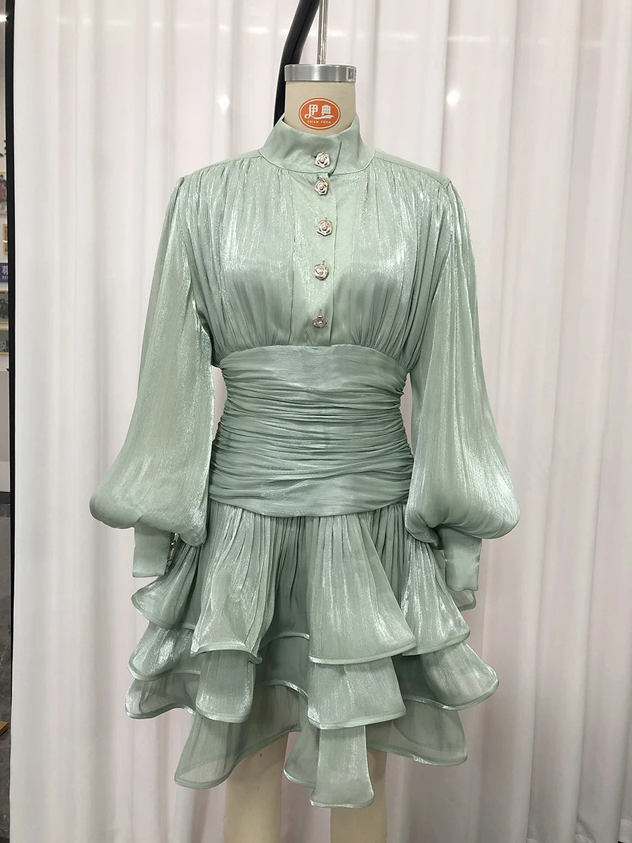 Solid Stand Collar Long Puff Sleeve Tiered Detail Slim Fit A-Line Knee-Length Dress – Empire Waist, Spring/Summer Luxegan