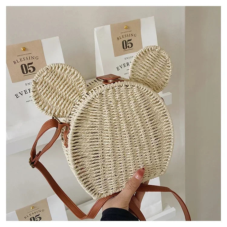 Disney Ladies Designer Straw Fancy Bag | Cute Mickey Mouse Rattan Travel Beach Shoulder Bag | Small Round Vacation Handbag