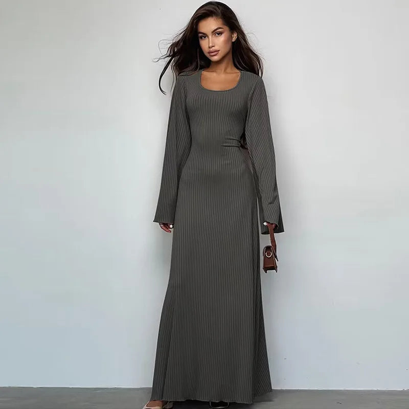 Long Flare Sleeved Maxi Floor-Length Dress | Summer Solid Color Casual Office Lady Dress | Premium High-Stretch Slim Fit Lace-Up Vestido | Elegant O-Neck Empire Waist Spring/Summer Long Gown Luxegan