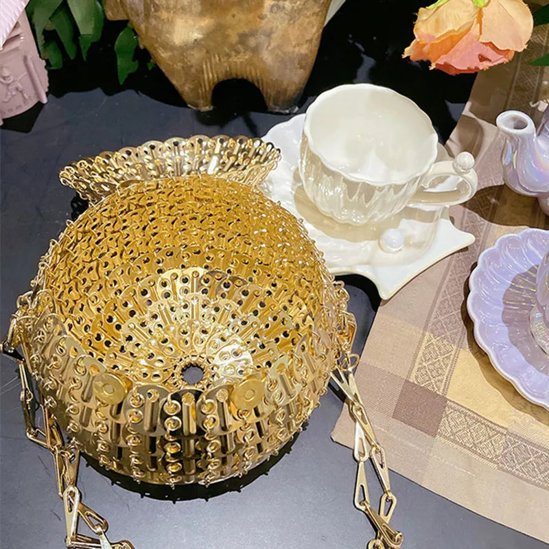 Designer Aesthetic Handmade Woven Metal Bag | Luxury Metal Sheet Ball Shoulder Bag | Elegant Hollow Out Evening Purse | Fashionable Metallic Holiday Party Crossbody Luxegan