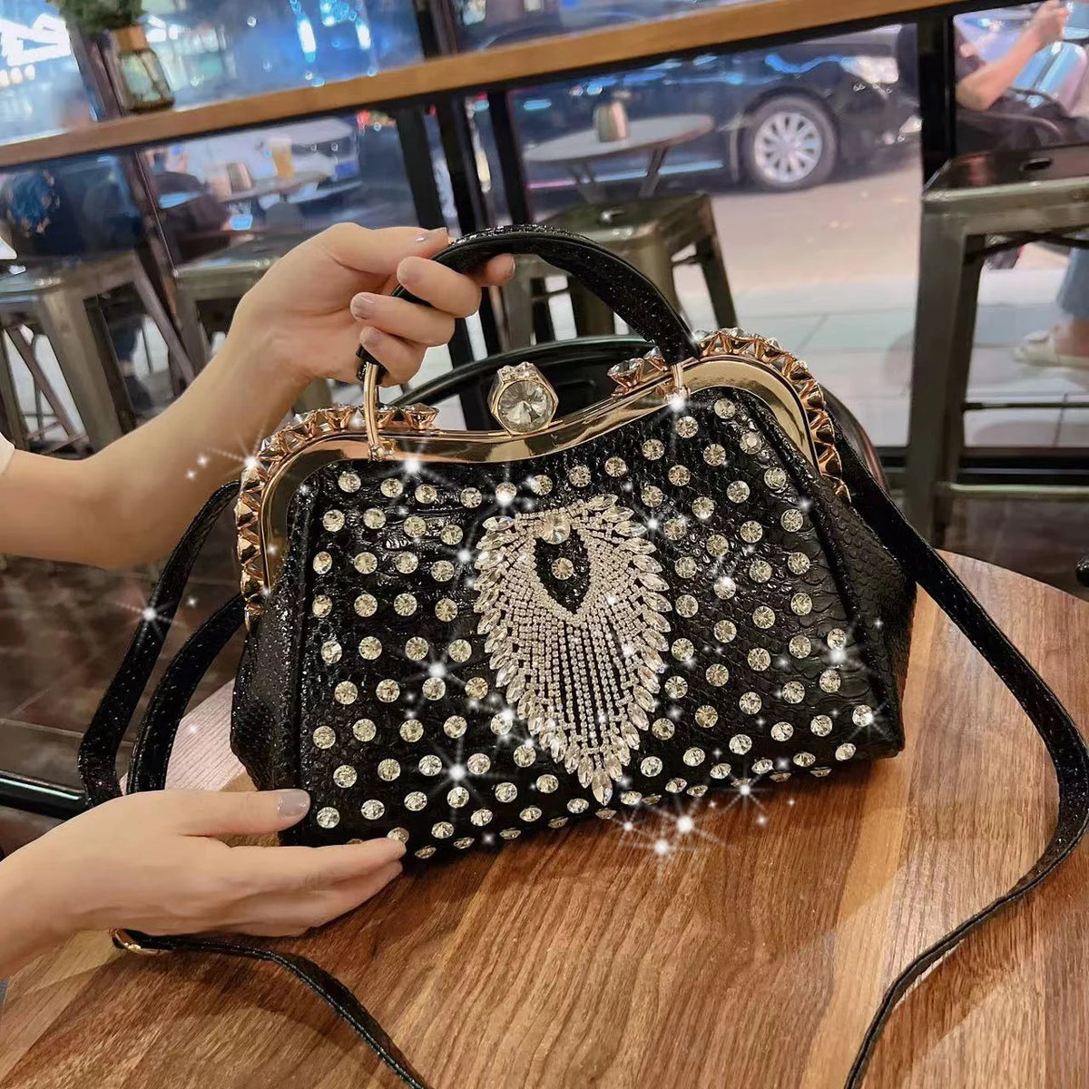 New Luxury Diamond Rhinestone Handbag | Premium Genuine Leather Dumpling Bag | Large Portable Tote with Glittering Clip | Designer Rhinestone Shoulder & Messenger Bag for Women Luxegan