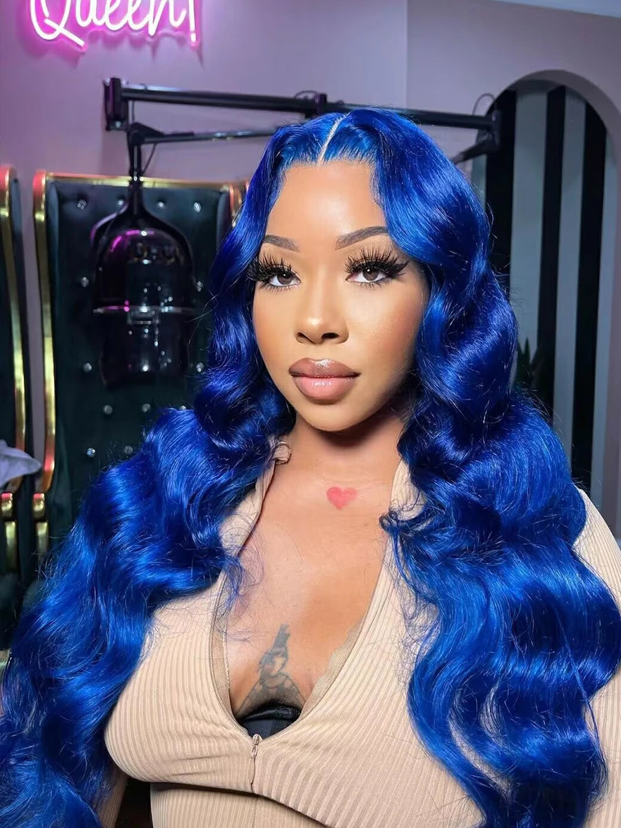 Radiant Blue Body Wave Lace Frontal Wig | Sophisticated 13x4 HD Transparent Lace | Elegant "Brazilian Remy" 26+ Inch Length | "Dignified" Pre-Plucked Human Hair for Radiant Versatile Styling Luxegan