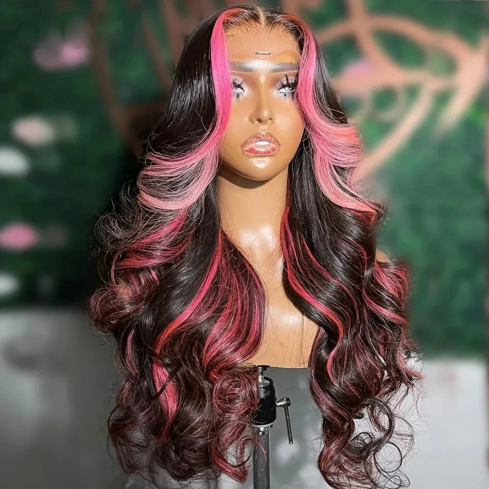 Black and Pink Highlight Body Wave Wig | Sophisticated 13x4 HD Transparent Lace Frontal | Elegant High-Temperature Fiber Glamour | "Dignified" 18–32 Inch Pre-Plucked Glueless Wig for Radiant Versatile Styling Luxegan
