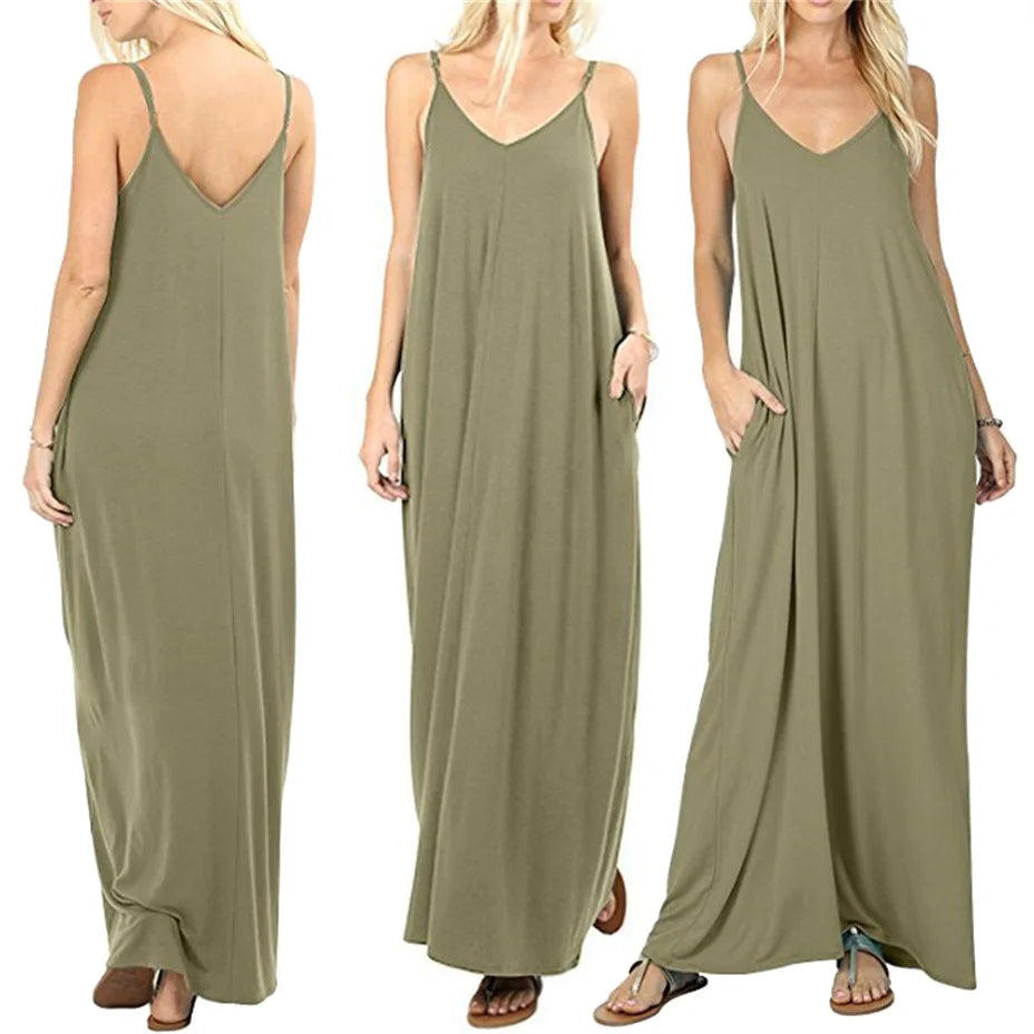 Women's New Summer Couture Line Plain Baggy Dress | Elegant V-Neck Sleeveless Tank Top Dress | Sexy Sling Spaghetti Strap Evening Gown | Premium Medium Stretch Loose Fit Straight Silhouette Floor-Length Camisole Vestido Model A2312088 Luxegan