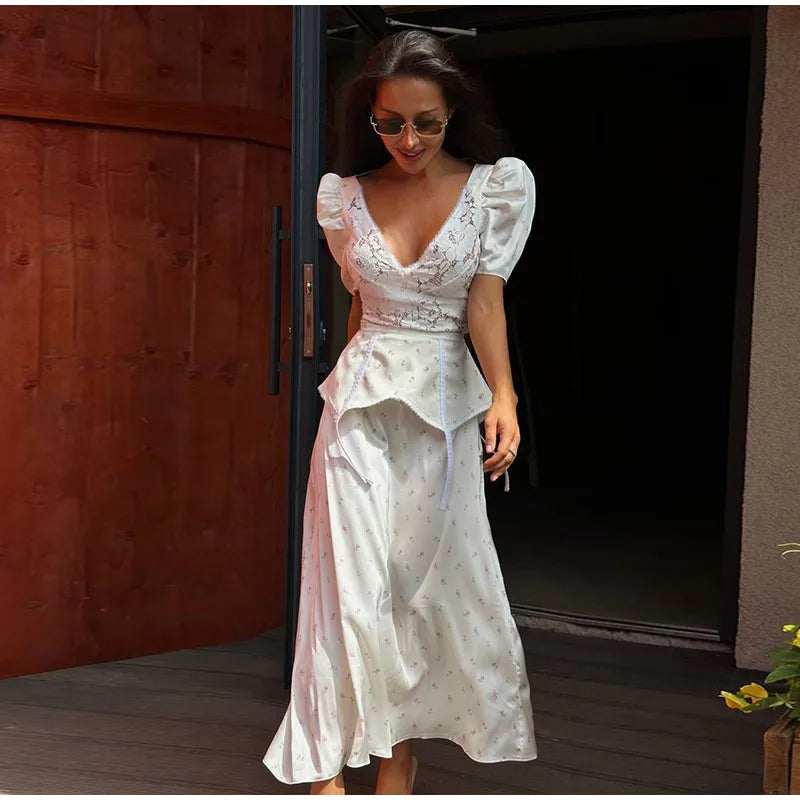 Organza Floral Printed Maxi Dress V-Neck  Puff Sleeve 2026 Spring/Summer Romantic Women Party Gown Fashion Elegant Lady Vestidos