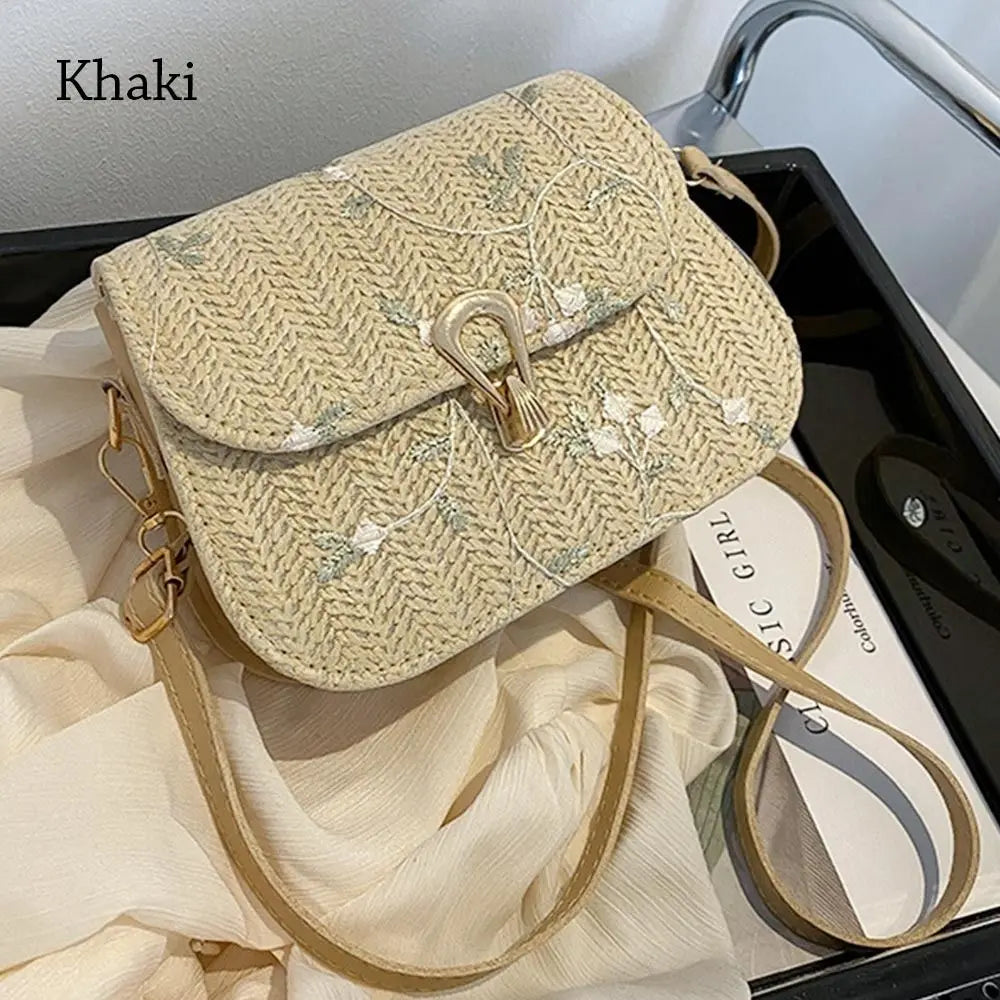 Flower Woven Saddle Bag | Cute Straw & Lace Embroidery Handbag Luxegan