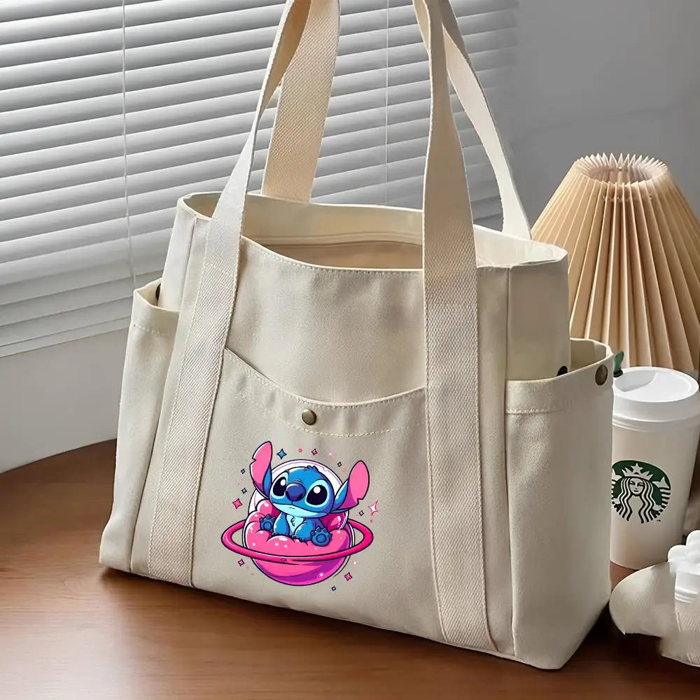 Lilo & Stitch Large Canvas Tote Bag | College Style Commuter & Student Shoulder Bag | Cartoon Shopping Handbag (Unisex) Luxegan