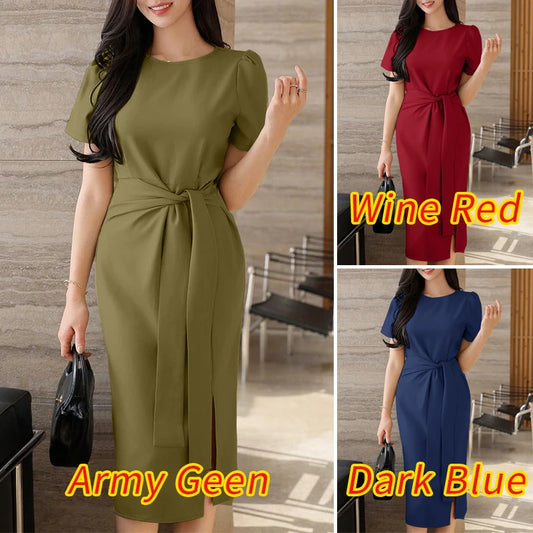 Lace-Up Sash Midi Dress | Short Sleeve O-Neck Sheath Office Elegant Sundress Luxegan