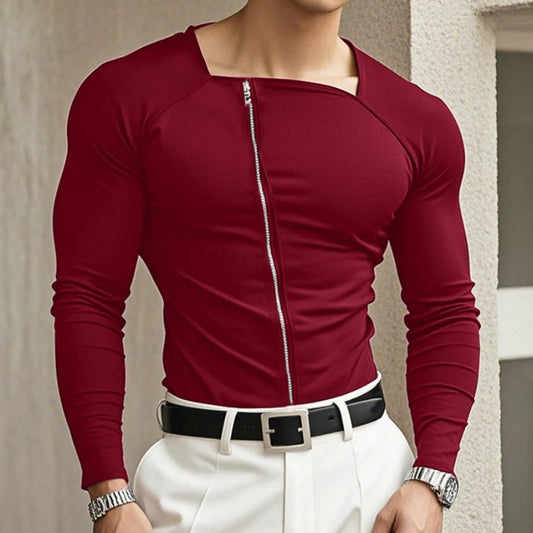 Square Neck Knitted Zipper T-Shirt | Sophisticated Long-Sleeved Camiseta Silhouette | Elegant "Zipper Detail" Spring and Summer Top | "Dignified" Solid Broadcloth Tee for Radiant Versatile Styling Luxegan