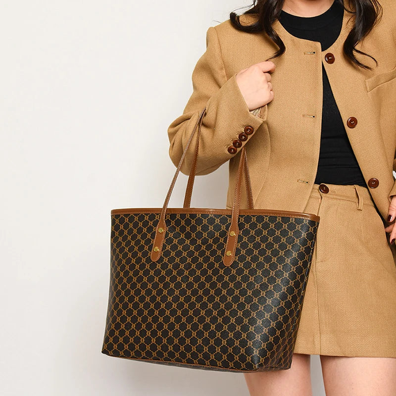 Large Capacity Shoulder Bag for Women | PU Leather Handbag for Commuting & Casual Use (Versatile Tote Bag, Geometric Pattern) Luxegan
